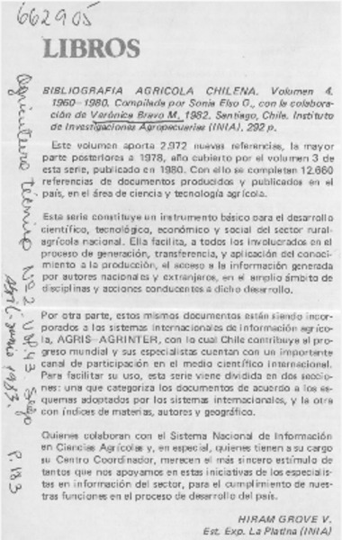 Bibliografía agricola chilena  [artículo] Hiram Grove V.
