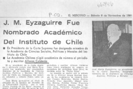J. M. Eyzaguirre fue nombrado Académico del Instituto de Chile.