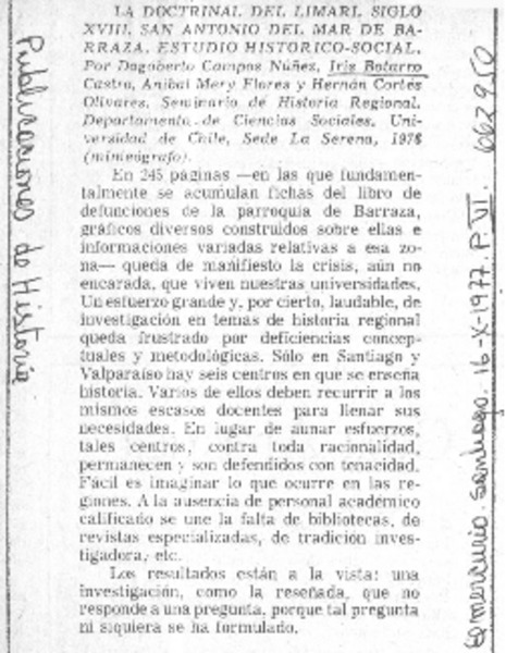 La Doctrina del Limari, siglo XVIII, San Antonio del Mar de Barraza. Estudio histórico social.  [artículo]