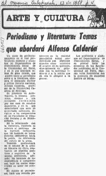 Periodismo y literatura: temas que abordará Alfonso Calderón.  [artículo]