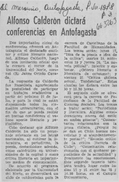 Alfonso Calderón dictará conferencias en Antofagasta.  [artículo]