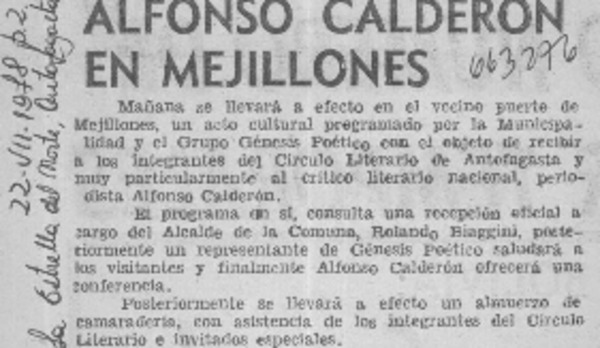 Alfonso Calderón en Mejillones.  [artículo]