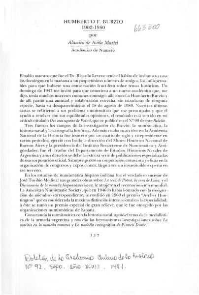 Humberto F. Burzio 1902-1980  [artículo] Alamiro de Ávila Martel.