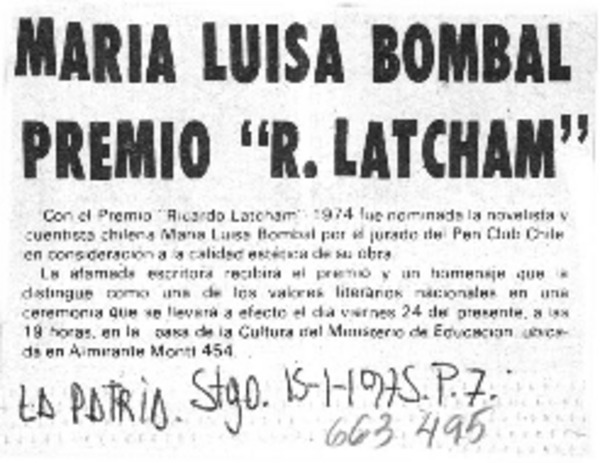 María Luisa Bombal premio "R. Latcham".  [artículo]