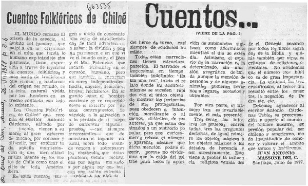 Cuentos folklóricos de Chiloé  [artículo] Juan Antonio Massone.
