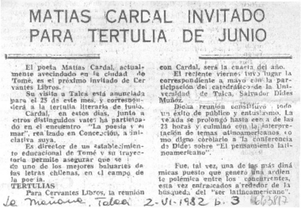 Matías Cardal invitado para tertulia de junio.