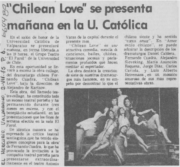 "Chilean love" se presenta mañana en la U. Católica.