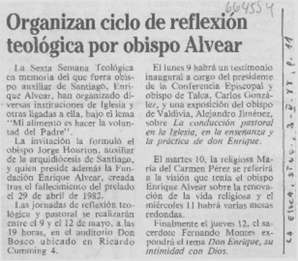 Organizan ciclo de reflexión teológica por obispo Alvear.