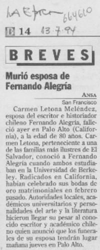Murió esposa de Fernando Alegría