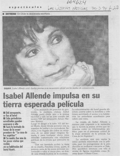 Isabel Allende impulsa en su tierra esperada película.