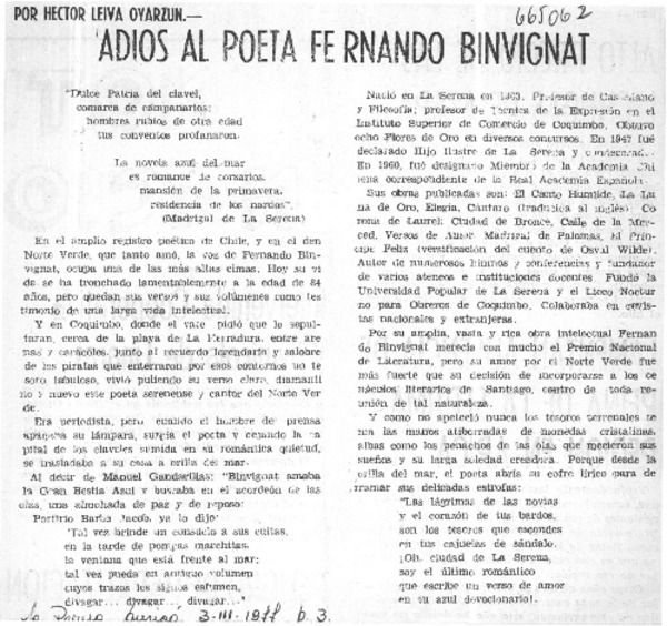 Adiós al poeta Fernando Binvignat  [artículo] Héctor Leiva Oyarzún.