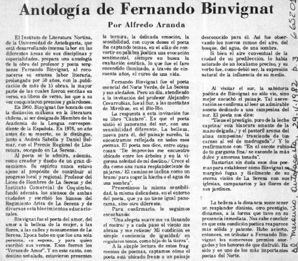 Antología de Fernando Binvignat  [artículo] Alfredo Aranda.