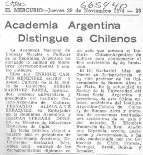 Academia Argentina distingue a chilenos.