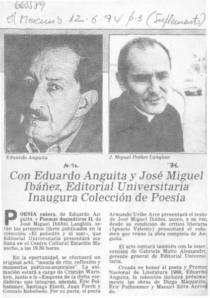 Con Eduardo Anguita y José Miguel Ibáñez, Editorial Universitaria inaugura colección de poesía.
