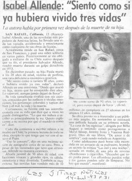 Isabel Allende, "siento como si ya hubiera vivido tres vidas".