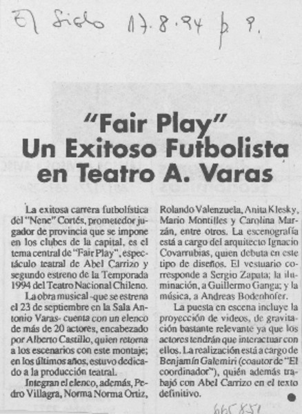 "Fair play" un exitoso futbolista en teatro A. Varas.