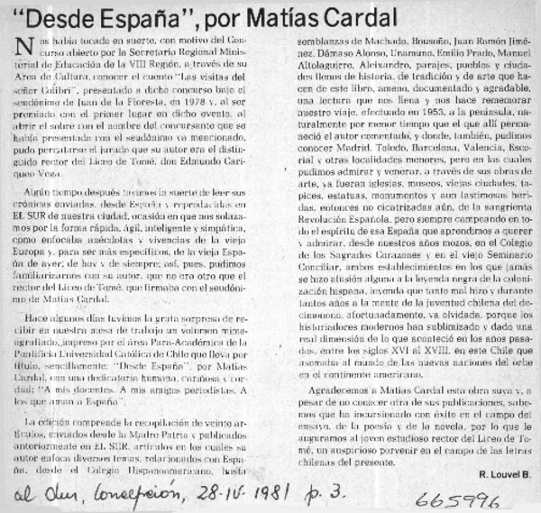 Desde España", por Matías Cardal  [artículo] R. Louvel B.