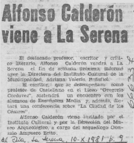 Alfonso Calderón viene a La Serena.