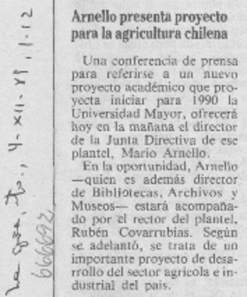 Arnello presenta proyecto para la agricultura chilena.