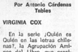 Virginia Cox  [artículo] Antonio Cárdenas Tabies.