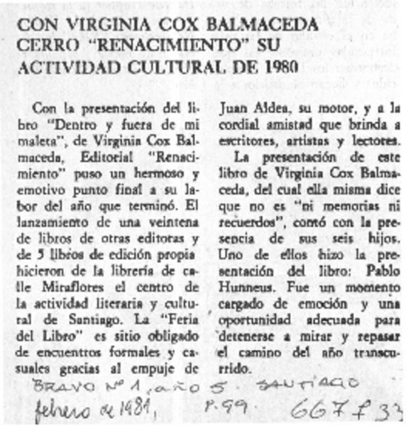 Virginia Cox Balmaceda cerró "Renacimiento" su actividad cultural de 1980.  [artículo]