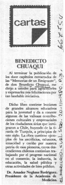Benedicto Chuaqui  [artículo] Amador Neghme Rodríguez.