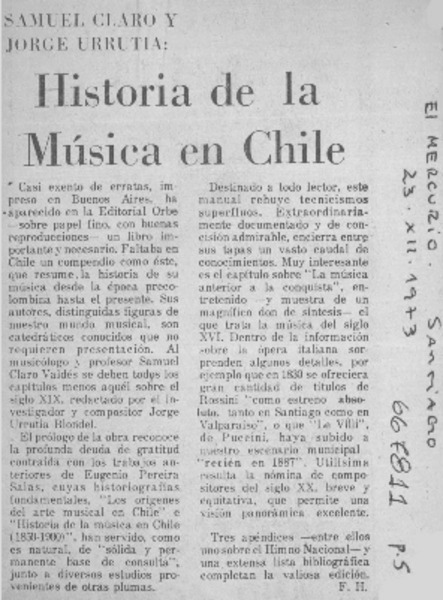 Historia de la música en Chile  [artículo] F. H.