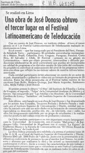 Una obra de José Donoso obtuvo el tercer lugar en el Festival Latinoamericano de Teleducación.  [artículo]