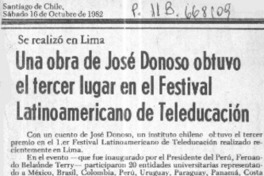 Una obra de José Donoso obtuvo el tercer lugar en el Festival Latinoamericano de Teleducación.  [artículo]