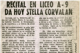 Recital en Liceo A-9 da hoy Stella Corvalán.