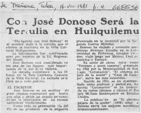 Con José Donoso será la tertulia en Huilquilemu.