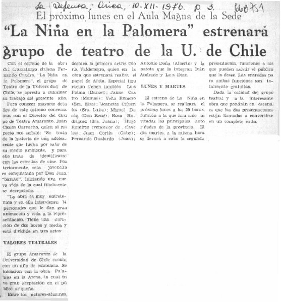 La niña en la palomera" estrenará grupo de teatro de la U. de Chile.  [artículo]