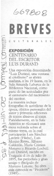 Centenario del escritor Luis Durand