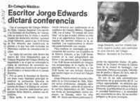 Escritor Jorge Edwards dictará conferencia.