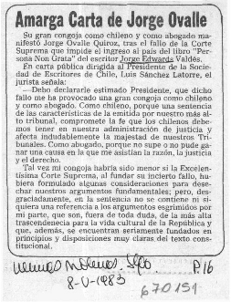 Amarga carta de Jorge Ovalle.