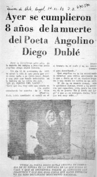 Ayer se cumplieron 8 años de la muerte del poeta angolino Diego Dublé.