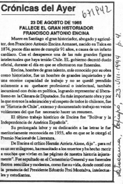 23 de Agosto de 1965 fallece el gran historiador Francisco Antonio Encina.