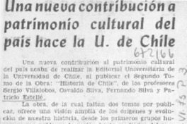 Una Nueva contribución a patrimonio cultural del país hace la U. de Chile.