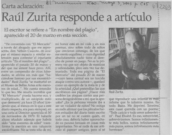 Raúl Zurita responde a artículo.