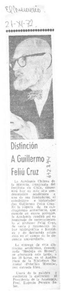 Distinción a Guillermo Feliú Cruz.