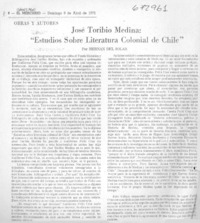 José Toribio Medina, "Estudios sobre literatura colonial de Chile"