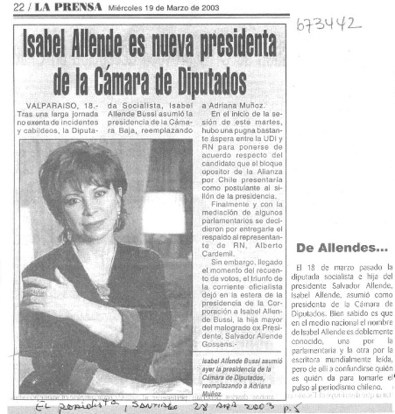 Isabel Allende es nueva presidenta de la Cámara de Diputados.