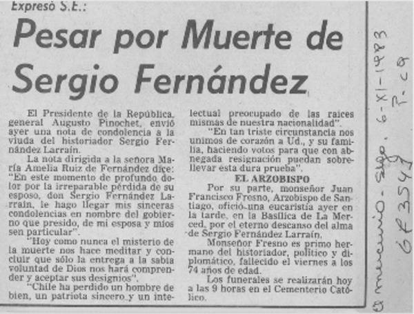 Pesar por muerte de Sergio Fernández.