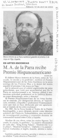 M. A. de la Parra recibe premio hispanoamericano.