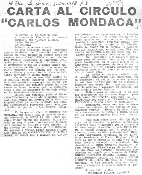 Carta al círculo "Carlos Mondaca"