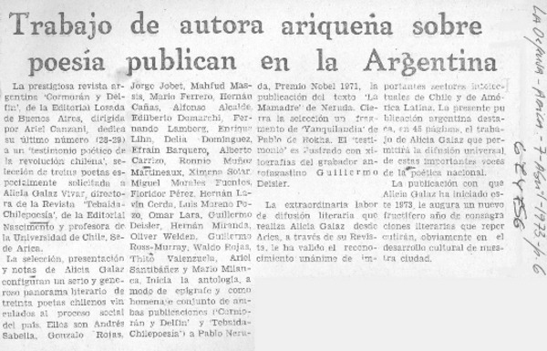 Trabajo de autora ariqueña sobre poesía publican en la Argentina.