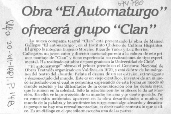 Obra "El automaturgo" ofrecerá grupo "Clan".