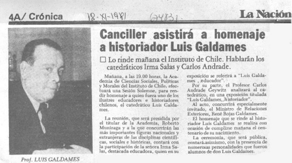 Canciller asistirá a homenaje a historiador Luis Galdames.
