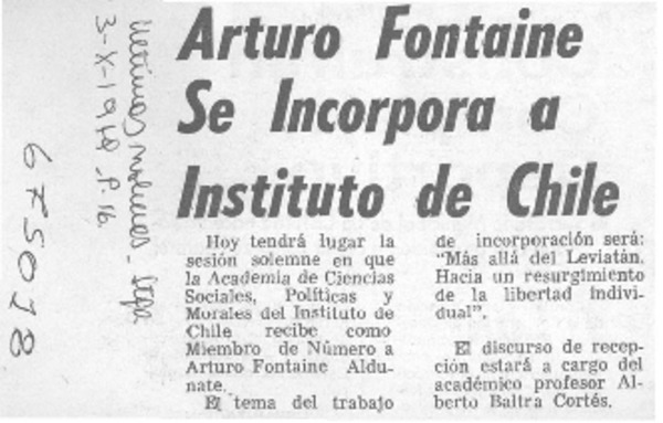 Arturo Fontaine se incorpora a Instituto de Chile.