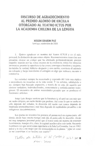 Discurso de agradecimiento al Premio Alonso de Ercilla otorgado al Teatro Ictus por la Academia Chilena de la Lengua